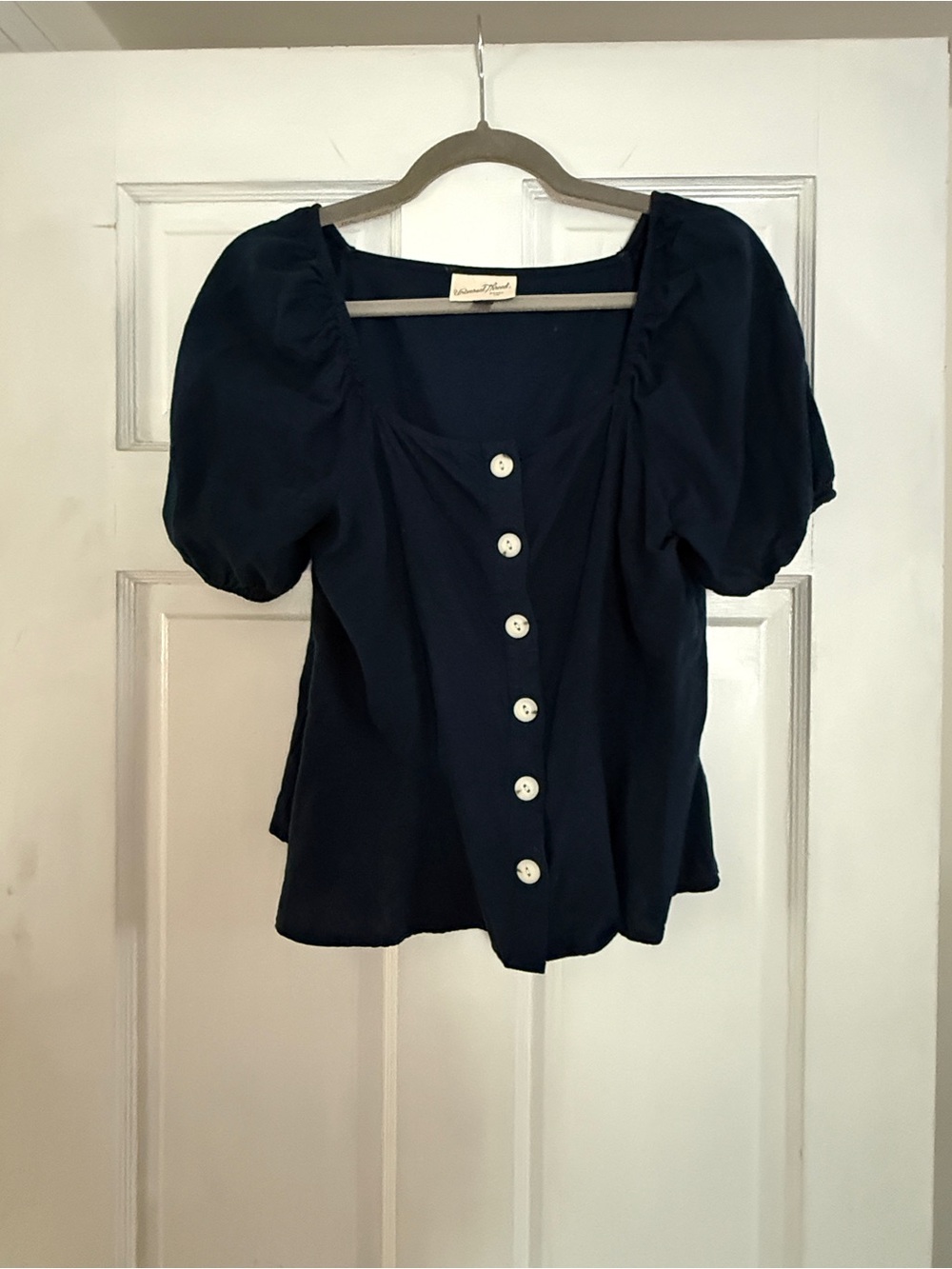 Universal Thread Navy Square-Neck Puff Sleeve Button Top